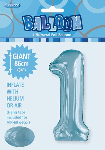 Powder Blue "1" Numeral Foil Balloon 86cm (34")